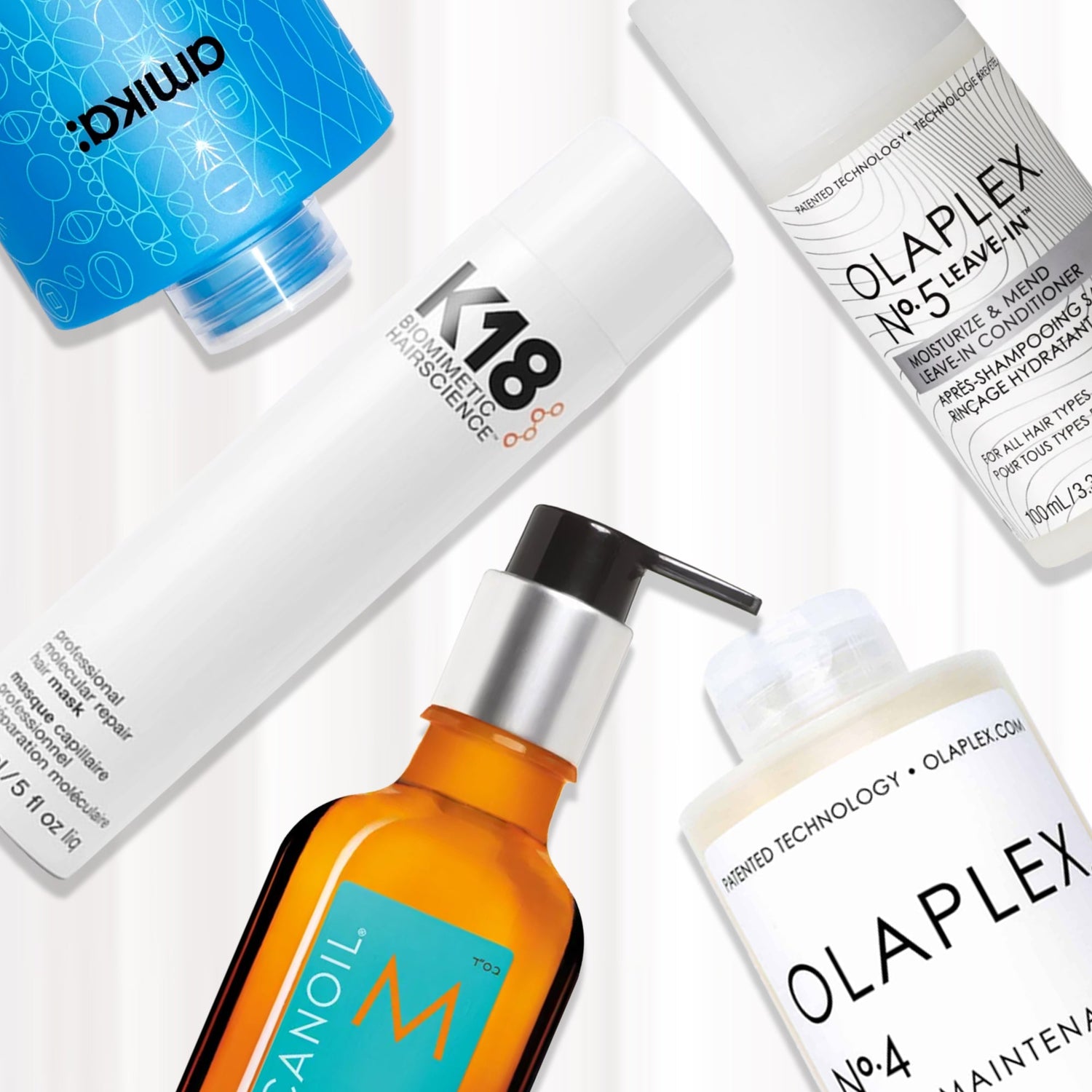 An image showing a variety of hair care products from brands including amika, K18, moroccanoil, and olaplex
