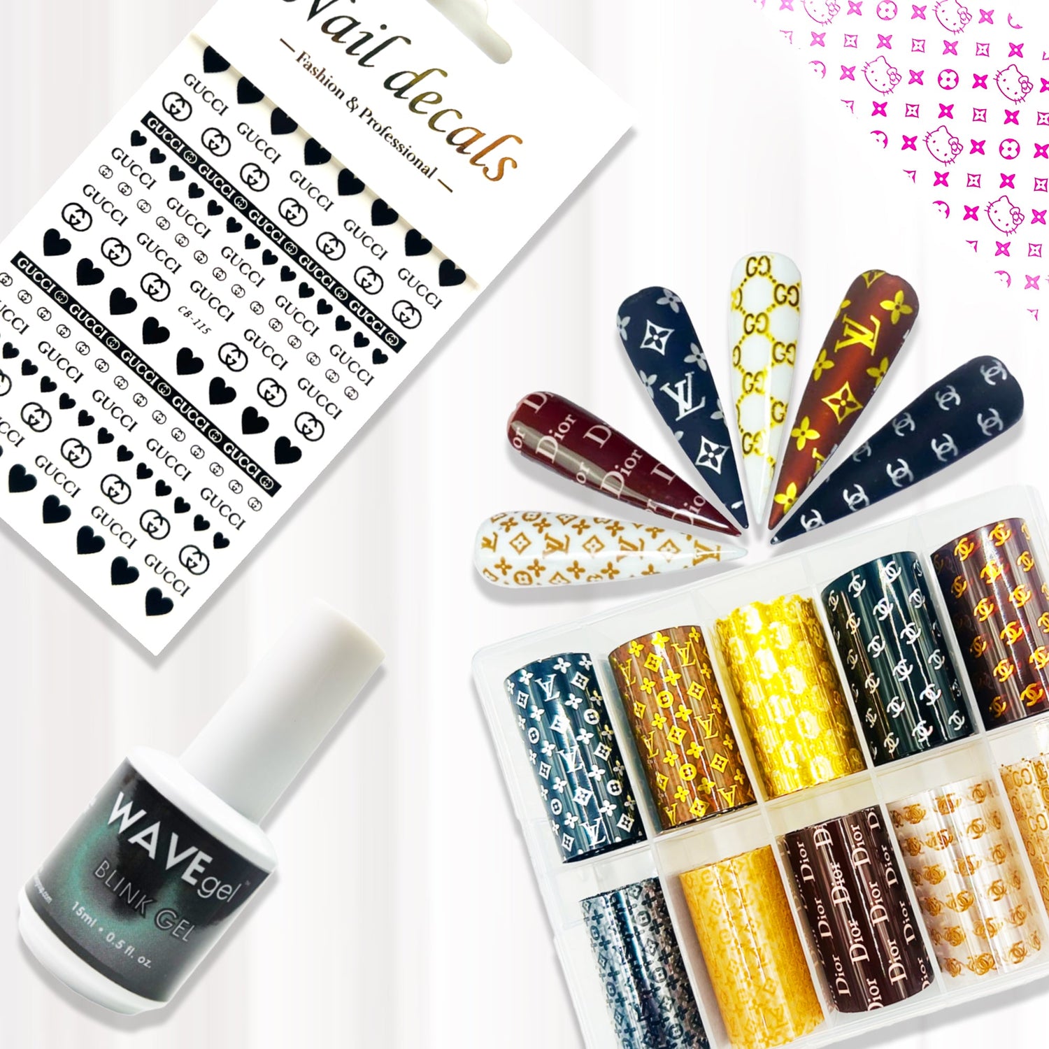 Image of a collection of nail art items including nail decals, nail foils, and the nail foil applicator gel.