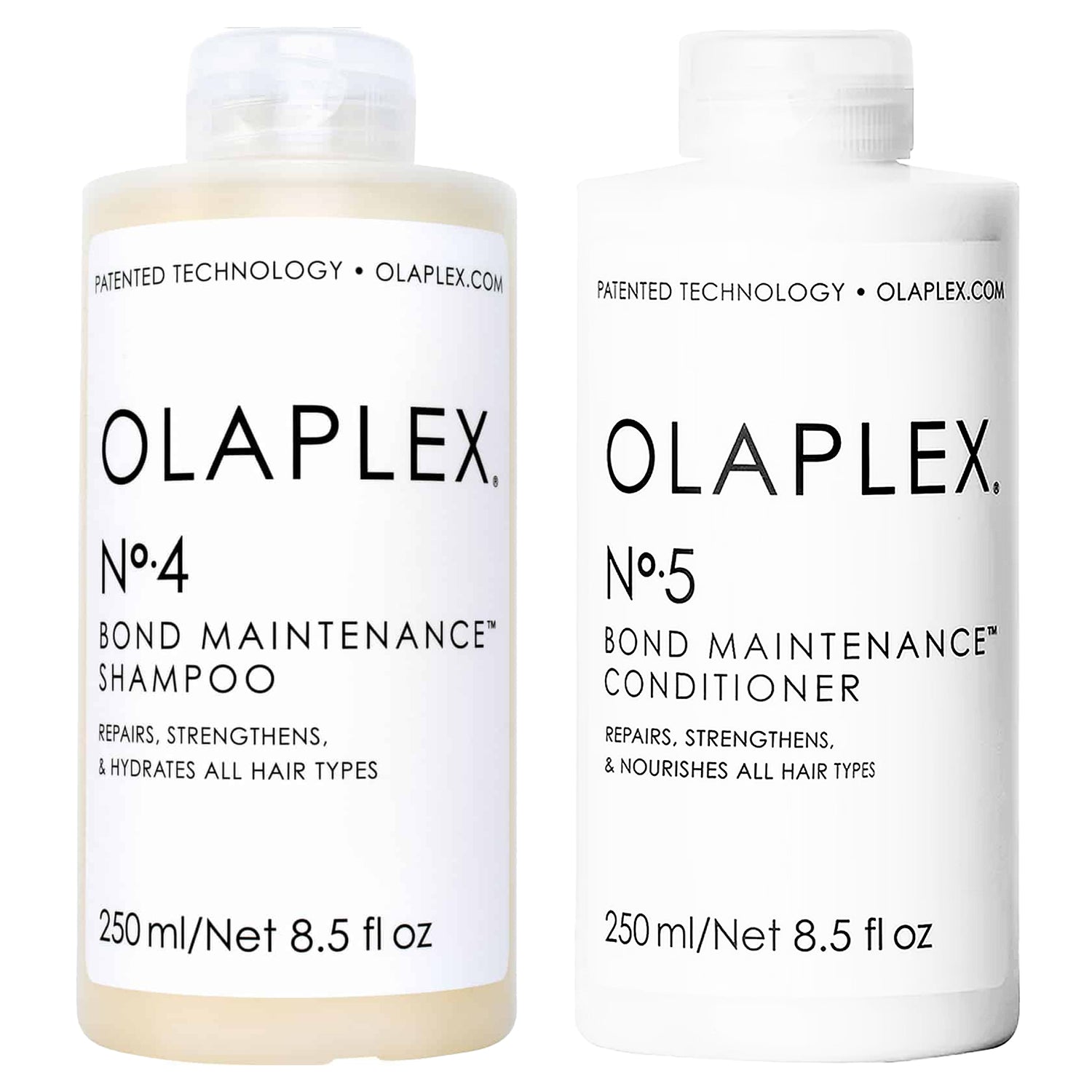 olaplex no 4 shampoo and no 5 conditioner bottles side by side