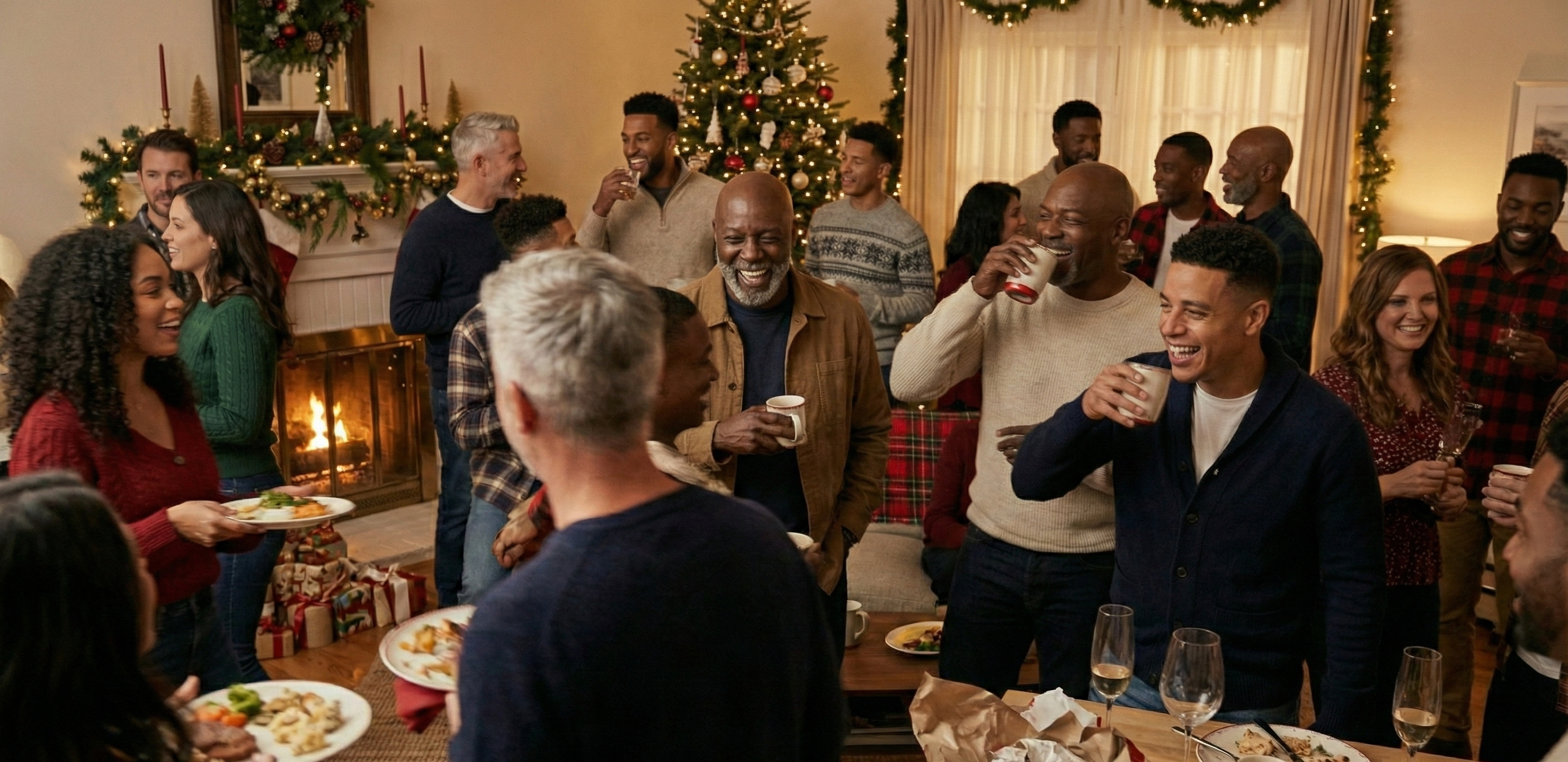 Group of people celebrating Christmas together in a festively decorated living room.