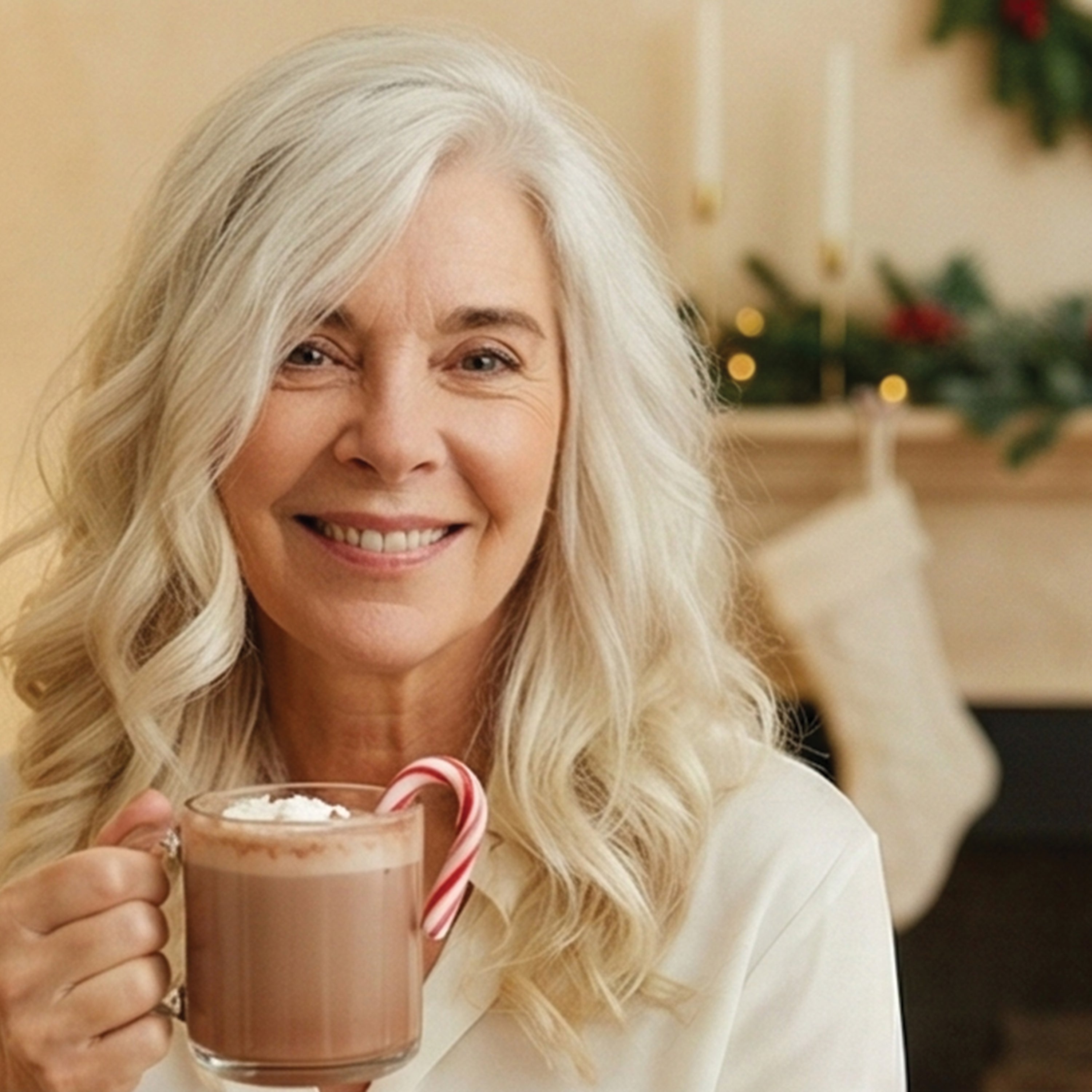 Woman holding a mug of hot chocolate with a candy cane, Christmas decorations in the background