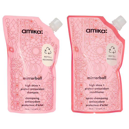 amika: | mirrorball high shine + protect antioxidant shampoo + conditioner duo [16.9 oz]