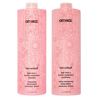 amika: | mirrorball high shine + protect antioxidant shampoo + conditioner duo [33.8 oz]