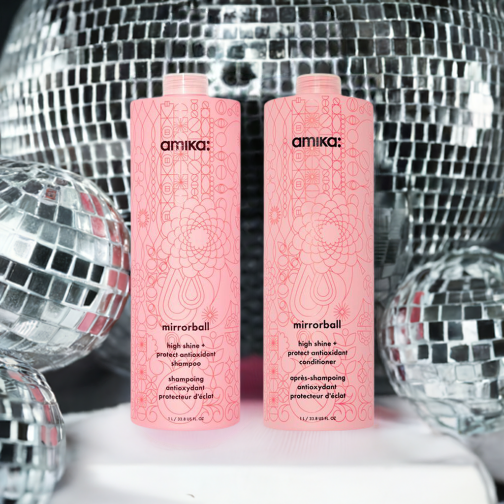 amika: | mirrorball high shine + protect antioxidant shampoo + conditioner duo [33.8 oz]