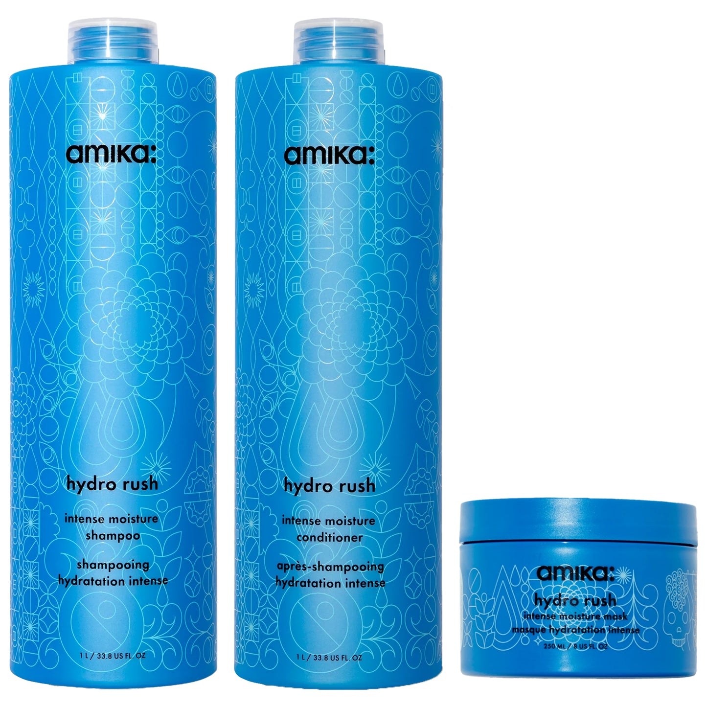 amika: super-sized hydration set | hydro rush intense moisture shampoo + conditioner + hair mask