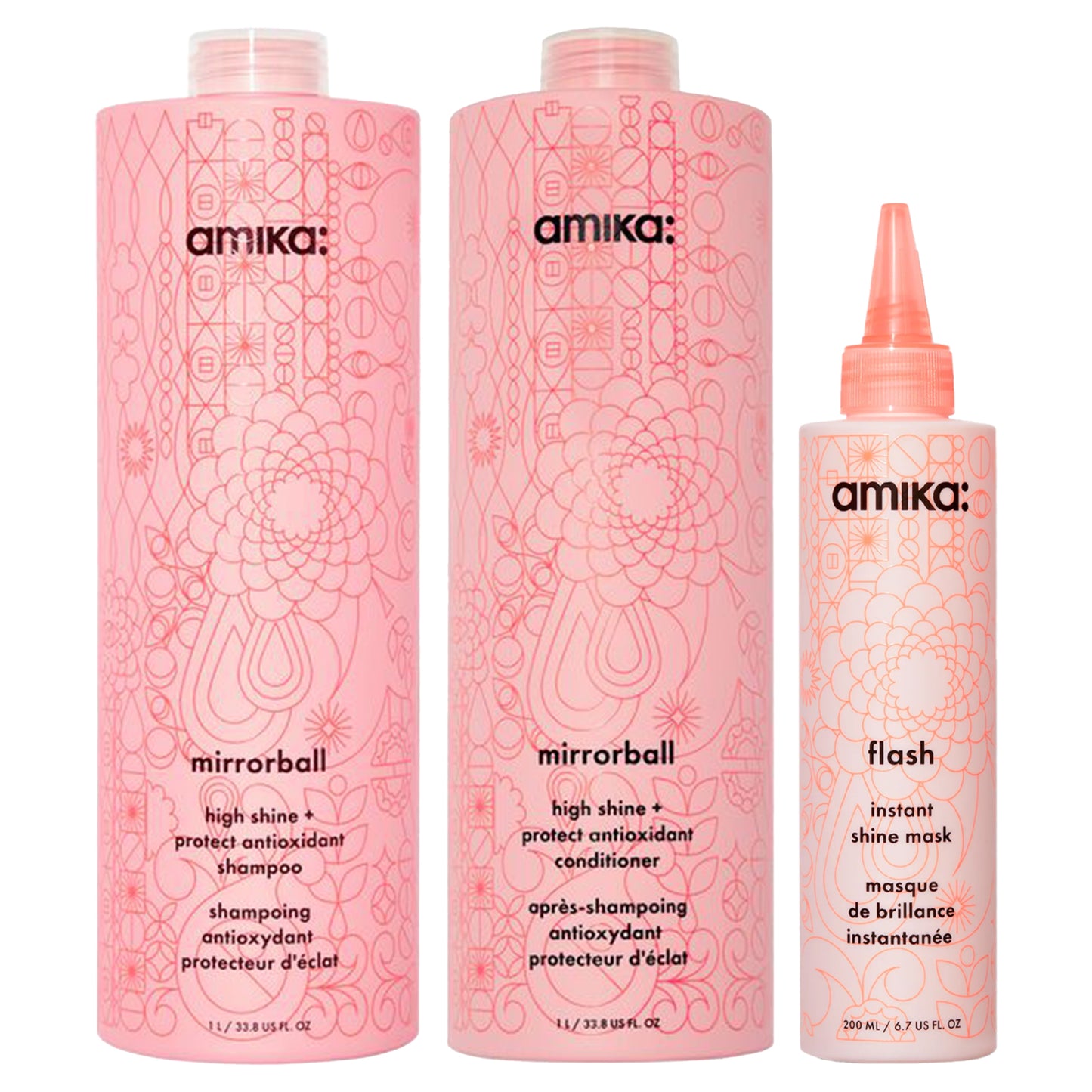 amika: supersized shine set | mirrorball high shine + protect antioxidant shampoo + conditioner + flash mask