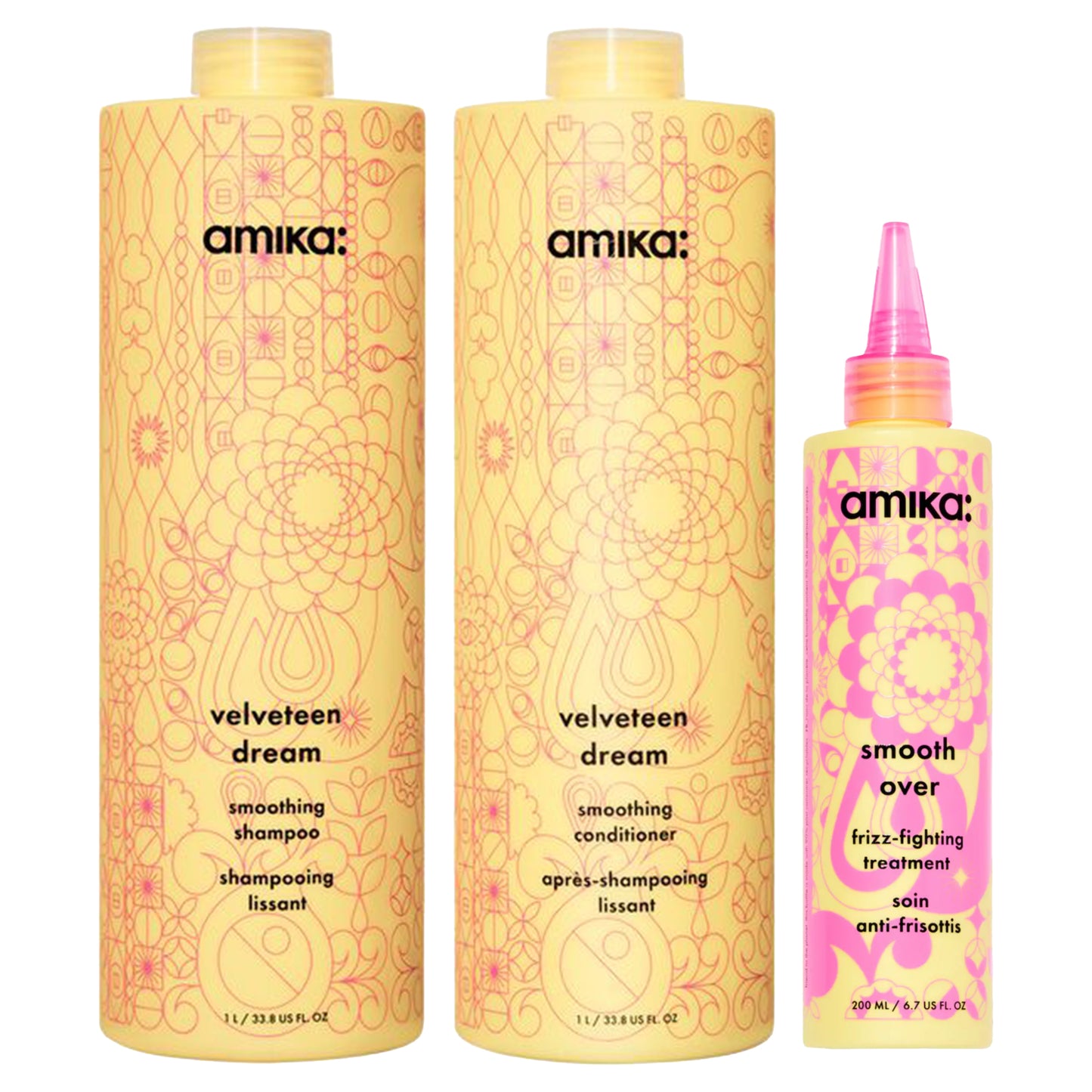 amika: supersized smoothing set | velveteen dream smoothing shampoo + conditioner + smooth over frizz-fighting treatment