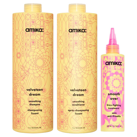 amika: supersized smoothing set | velveteen dream smoothing shampoo + conditioner + smooth over frizz-fighting treatment